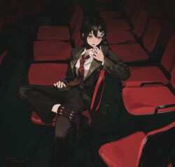 Rule 34 | 1girl, black hair, black jacket, black pants, chainsaw man, chair, cigarette, collared shirt, formal, grey eyes, hair ornament, hairclip, higashiyama kobeni, highres, holding, holding cigarette, indoors, jacket, loafers, necktie, on chair, pants, red necktie, shirt, shoes, short hair, side ponytail, single sidelock, sitting, smoking, solo, suit, suit jacket, white shirt, xilmo