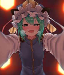 Rule 34 | 1girl, bad id, bad twitter id, blurry, blurry background, blush, buttons, clothing request, commentary request, frilled hat, frills, green eyes, green hair, half-closed eyes, hat, heavy breathing, highres, looking at viewer, one-hour drawing challenge, open mouth, pov, shiki eiki, sweat, teraguchi, touhou, undershirt, upper body, you gonna get raped