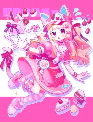 Rule 34 | 1girl, :o, animal ears, baseball cap, blonde hair, blunt bangs, blush, cake, cake slice, candy, cat ears, cat girl, cat tail, cherry, commentary request, cupcake, dress, drop shadow, food, fruit, full body, hair ornament, hat, highres, ice cream, leg ribbon, letterboxed, long hair, macaron, necktie, open mouth, original, outstretched hand, paw print, pink background, pink dress, pink eyes, pink footwear, pink headwear, pink ribbon, pink thighhighs, pink wrist cuffs, puffy short sleeves, puffy sleeves, ribbon, saijo1201, sailor collar, shoes, short sleeves, sidelocks, signature, single thighhigh, sneakers, spoon, strawberry, striped clothes, striped thighhighs, sundae, tail, tail ornament, tail ribbon, thighhighs, two-tone background, white background, white sailor collar, wrist cuffs, x hair ornament