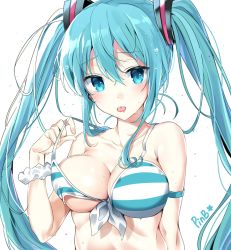 Rule 34 | 1girl, aqua eyes, aqua hair, artist name, bad id, bad pixiv id, bare shoulders, bikini, blush, breasts, cleavage, collarbone, front-tie top, hatsune miku, long hair, looking at viewer, medium breasts, pinb, solo, strap pull, striped bikini, striped bikini top, striped clothes, swimsuit, tongue, tongue out, twintails, upper body, very long hair, vocaloid, wet, white background