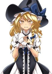 Rule 34 | 1girl, absurdres, apron, black dress, black neckwear, blonde hair, blue bow, bow, braid, buttons, dress, fingerless gloves, flat chest, frilled dress, frills, gloves, hair bow, hat, hat bow, highres, kikoka (mizuumi), kirisame marisa, long hair, nipple slip, nipples, puffy sleeves, short sleeves, simple background, solo, touhou, waist apron, white background, white gloves, witch hat, yellow eyes