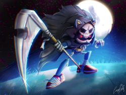 Rule 34 | 1boy, artist name, bandaged leg, bandages, claws, coat, coat lift, death (entity), glowing, glowing eyes, grass, grim reaper, highres, lazy8unny, looking at viewer, male focus, metal sonic, moon, moonlight, night, night sky, pointy nose, red eyes, robot, scythe, signature, sky, sonic (series), star (sky), starry sky, weapon