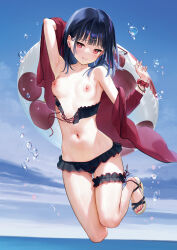 Rule 34 | 1girl, black hair, breasts, day, highres, holding, ichigo-chan (mignon), innertube, looking at viewer, mignon, navel, original, outdoors, red eyes, sandals, simple background, small breasts, solo, stomach, swim ring, swimsuit, toeless footwear, toes, water, water drop
