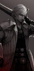 Rule 34 | 1boy, capcom, coat, dante (devil may cry), devil may cry, devil may cry (series), devil may cry 4, fingerless gloves, gloves, highres, jacket, long image, male focus, manly, monochrome, realistic, rebellion (sword), short hair, solo, sword, tall image, weapon, white-corner