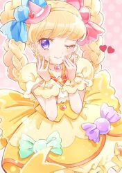 Rule 34 | 1girl, anko maccha, asahina mirai, blonde hair, blush, candy hair ornament, cure miracle, cure miracle (topaz style), diamond-shaped brooch, diamond earrings, dress, earrings, food-themed hair ornament, hair ornament, hair rings, hat, heart, jewelry, long hair, magical girl, mahou girls precure!, mini hat, mini witch hat, one eye closed, precure, purple eyes, smile, solo, thighhighs, witch hat, yellow dress