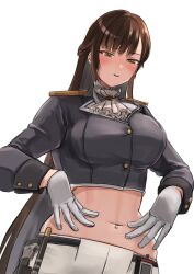 Rule 34 | 1girl, ankoh, ascot, blush, breasts, brown eyes, brown hair, cropped jacket, gloves, goddess of victory: nikke, grey jacket, hands on own stomach, jacket, large breasts, long hair, marciana (nikke), military jacket, navel, navel piercing, pants, parted lips, piercing, shoulder pads, simple background, solo, tight clothes, tight pants, white ascot, white background, white gloves, white pants
