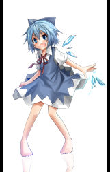 Rule 34 | 1girl, bare legs, barefoot, blue dress, blue eyes, blue hair, blue skirt, blush, bow, cirno, dress, hair bow, hakobako, ice, matching hair/eyes, open mouth, outstretched hand, pillarboxed, reflective floor, ribbon, shirt, short hair, skirt, solo, touhou, wings