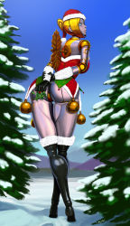 Rule 34 | 1girl, aka6, arm warmers, ass, bell, black footwear, black gloves, blonde hair, blue eyes, boots, breasts, cameltoe, christmas, commentary, crossed legs, day, english commentary, forest, from behind, full body, g-string, gloves, gold panties, hair bun, hat, highres, jingle bell, joints, large breasts, league of legends, leaning forward, leotard, looking at viewer, looking back, mistletoe, nature, orianna (league of legends), outdoors, over-kneehighs, red leotard, robot, robot joints, santa hat, short hair, single hair bun, solo, standing, strapless, strapless leotard, thick thighs, thigh boots, thigh gap, thighhighs, thighs, thong, winding key