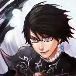 Rule 34 | 1girl, alternate hair length, alternate hairstyle, bayonetta, bayonetta, bayonetta (series), bayonetta 2, brown eyes, dated, earrings, glasses, jewelry, jio sua, lips, mole, mole under mouth, short hair, signature, smile, solo