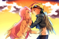 Rule 34 | 2girls, blush, cloud, crying, feathered wings, fluttershy, goggles, goggles on head, green eyes, jacket, long hair, long sleeves, looking at another, megarexetera, multicolored hair, multiple girls, my little pony, my little pony: friendship is magic, open mouth, pants, personification, pink hair, rainbow dash, red eyes, rex k, shirt, sunset, sweater, wings