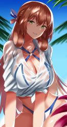 Rule 34 | 1girl, bad id, bad pixiv id, bikini, bikini under clothes, blue sky, blurry, blurry background, blush, breasts, brown hair, cleavage, collarbone, day, fary5, girls&#039; frontline, green eyes, groin, hair between eyes, hair ribbon, hair rings, highres, large breasts, leaning forward, long hair, looking at viewer, o-ring, o-ring bikini, o-ring top, official alternate costume, open mouth, outdoors, palm leaf, ponytail, ribbon, shade, shirt, sidelocks, sky, smile, solo, springfield (girls&#039; frontline), springfield (stirring mermaid) (girls&#039; frontline), swimsuit, teeth, thighs, tied shirt, upper teeth only, white bikini, white shirt