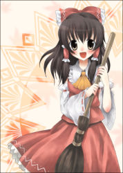 Rule 34 | 1girl, :d, ascot, blush, bow, broom, brown eyes, brown hair, collar, cowboy shot, detached sleeves, female focus, frills, hair bow, hakurei reimu, holding, kuguri oimo, long sleeves, looking at viewer, open mouth, red bow, red skirt, red vest, ribbon-trimmed sleeves, ribbon trim, sidelocks, skirt, smile, solo, standing, tareme, touhou, vest