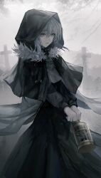 1girl birdcage black_capelet black_dress cage capelet cloak closed_mouth cross dress expressionless fate_(series) fur_trim graveyard gray_(fate) green_eyes grey_hair grey_theme hair_between_eyes highres holding hood hood_up hooded_cloak long_sleeves lord_el-melloi_ii_case_files outdoors parted_lips sabire105 standing tombstone