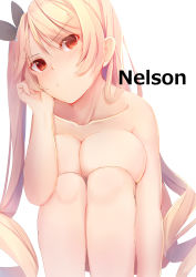 Rule 34 | 1girl, arm at side, azur lane, black ribbon, blonde hair, blush, breast press, breasts, character name, collarbone, commentary request, eyes visible through hair, hair ribbon, hand to head, hand up, head tilt, highres, knees up, large breasts, long hair, looking at viewer, nelson (azur lane), nude, red eyes, ribbon, simple background, sitting, solo, tatapopo, twintails, very long hair, white background