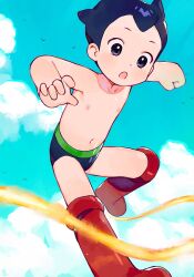 Rule 34 | 1boy, android, atom (tetsuwan atom), black hair, blue sky, boots, commentary, english commentary, flying, highres, male focus, mecha, nemui (nemuriyagi), open mouth, red footwear, robot, science fiction, short hair, sky, solo, tetsuwan atom, topless male