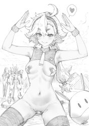Rule 34 | 1girl, absurdres, ahoge, armpits, arms up, blush, breasts, cropped shirt, female pubic hair, fkscrashing, greyscale, gundam, gundam suisei no majo, haro, heart, highres, long hair, low ponytail, mecha request, medium breasts, monochrome, navel, nipples, pubic hair, skindentation, solo, spoken heart, suletta mercury, thick eyebrows, thighhighs, thighs, white thighhighs