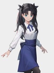 Rule 34 | 1girl, absurdres, artoria pendragon (all), artoria pendragon (fate), black bow, black hair, black pantyhose, blue eyes, blue ribbon, blue skirt, bow, closed mouth, collared shirt, drid, fate/stay night, fate (series), feet out of frame, hair bow, highres, long hair, long sleeves, looking at viewer, medium skirt, neck ribbon, pantyhose, parted bangs, ribbon, saber (fate), shirt, simple background, skirt, solo, standing, tohsaka rin, twitter username, two side up, white background, white shirt
