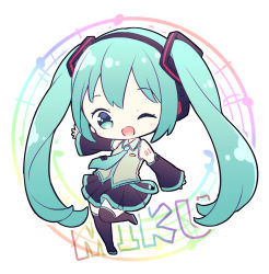 Rule 34 | 1girl, :d, belt, blue eyes, blue hair, boots, character name, chibi, collared shirt, detached sleeves, hair ornament, hatsune miku, headphones, long hair, long sleeves, mameko minami, musical note, necktie, one eye closed, open mouth, outstretched arm, pleated skirt, rainbow gradient, shirt, skirt, sleeveless, sleeveless shirt, smile, solo, standing, standing on one leg, thigh boots, tie clip, twintails, very long hair, vocaloid