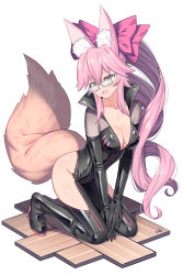 Rule 34 | 1girl, absurdres, animal ear fluff, animal ears, black bodysuit, blush, bodysuit, breasts, center opening, cleavage, collarbone, elbow gloves, fate/grand order, fate (series), fox ears, fox girl, fox tail, glasses, gloves, high heels, highres, kneeling, koyanskaya (assassin) (first ascension) (fate), koyanskaya (fate), large breasts, long hair, looking at viewer, open mouth, pink hair, ponytail, side ponytail, simple background, solo, tail, tamamo (fate), very long hair, white-framed eyewear, white background, xiaoxi0619, yellow eyes