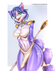 Rule 34 | 1girl, blue hair, breasts, doom x wolf, furry, furry female, gem, green eyes, hair ornament, headband, highres, jewelry, krystal, large breasts, loincloth, markings, midriff, navel, necklace, nintendo, open mouth, short hair, shoulder pads, simple background, smile, solo, staff, star fox, tail, toned, tribal, weapon