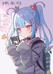 Rule 34 | 1girl, absurdres, backpack, bag, black choker, blue hair, blush, cellphone, choker, collarbone, commentary request, ear piercing, emoji, grey hoodie, hair ornament, heart, heart hair ornament, highres, holding, holding phone, hood, hood down, hoodie, long hair, long sleeves, multicolored hair, original, parted lips, phone, piercing, rabbit hair ornament, red eyes, sleeves past fingers, sleeves past wrists, smile, solo, streaked hair, text messaging, translation request, tsukiman, twintails, upper body