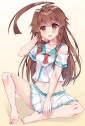 Rule 34 | 1girl, :3, :p, adapted costume, ahoge, bare shoulders, barefoot, blush, braid, breasts, brown eyes, brown hair, collarbone, commentary request, full body, hair between eyes, highres, huge ahoge, kantai collection, ko yu, kuma (kancolle), long hair, looking at viewer, midriff, navel, neckerchief, sailor collar, school uniform, serafuku, shirt, short sleeves, shorts, simple background, sitting, smile, solo, tongue, tongue out, white background