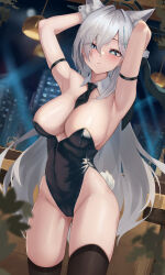 Rule 34 | 1girl, absurdres, animal ears, arm strap, armpits, arms up, between breasts, black leotard, black necktie, black thighhighs, blue archive, blue eyes, bottle, breasts, ceiling light, cleavage, closed mouth, commentary request, cross hair ornament, cup, detached collar, grey hair, groin, hair ornament, halo, highres, jixo (user nzhc8728), large breasts, leotard, mismatched pupils, necktie, necktie between breasts, night, partial commentary, playboy bunny, rabbit tail, shiroko (blue archive), shiroko terror (blue archive), solo, table, tail, thighhighs, thighs, wolf ears, wrist cuffs