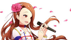 Rule 34 | 1girl, brown eyes, brown hair, choker, collarbone, commentary request, earrings, flat chest, floating hair, flower, hair flower, hair ornament, hairband, highres, holding, holding microphone, idolmaster, idolmaster (classic), jewelry, lam (ramdayo), long hair, long sleeves, looking to the side, microphone, minase iori, music, open mouth, petals, rose, shirt, simple background, singing, smile, solo, upper body, white background, white hairband, white shirt