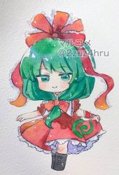 Rule 34 | 1girl, 2zuz4hru, artist name, black footwear, bow, chibi, commentary request, dress, green hair, holding, holding clothes, holding skirt, kagiyama hina, long hair, painting (medium), puffy short sleeves, puffy sleeves, red bow, red dress, red ribbon, ribbon, short sleeves, simple background, skirt, smile, solo, touhou, traditional media, twitter username, watercolor (medium), watermark, white background