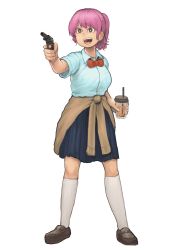 Rule 34 | 1girl, absurdres, black footwear, black skirt, bow, bowtie, bright pupils, brown eyes, bubble tea, chanta (ayatakaoisii), collared shirt, earrings, gun, highres, holding, holding gun, holding weapon, jewelry, medium hair, open mouth, original, pink hair, pleated skirt, ponytail, red bow, red bowtie, shirt, shoes, short sleeves, simple background, skirt, smile, socks, solo, weapon, white background, white pupils, white shirt, white socks