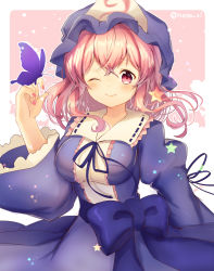 Rule 34 | 1girl, absurdres, artist name, blue dress, blue ribbon, blue sash, breasts, bug, butterfly, commentary request, cowboy shot, dress, hand up, hat, highres, insect, juliet sleeves, large breasts, long sleeves, looking at viewer, medium hair, mob cap, nail polish, nenobi (nenorium), one eye closed, pink eyes, pink hair, pink nails, puffy sleeves, ribbon, saigyouji yuyuko, sash, smile, solo, star (symbol), touhou, triangular headpiece, twitter username, wide sleeves