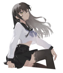 Rule 34 | 1girl, black hair, black sailor collar, black skirt, black thighhighs, closed mouth, from side, glasses, green eyes, hand on own knee, highres, juusan kihei bouei ken, knee up, lace, lace-trimmed legwear, lace trim, lilith-lily, long hair, long sleeves, looking at viewer, neckerchief, pleated skirt, purple neckerchief, sailor collar, school uniform, serafuku, sidelocks, simple background, sitting, skirt, solo, thighhighs, white background, white serafuku, yakushiji megumi