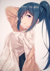 Rule 34 | 10s, 1girl, bad id, bad twitter id, beige background, blue hair, casual, commentary request, from side, hand on own head, jacket, long hair, long sleeves, looking at viewer, love live!, love live! school idol festival, love live! sunshine!!, matsuura kanan, parted lips, ponytail, purple eyes, sidelocks, siva (executor), solo, sweater, upper body