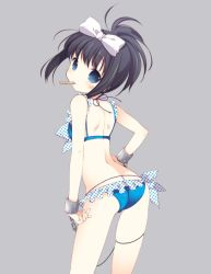 Rule 34 | 1girl, ass, ass cutout, bikini, black hair, blue eyes, blush, bow, butt crack, chain, clothing cutout, cuffs, flat chest, hair bow, kunihiro hajime, looking at viewer, looking back, mouth hold, ponytail, popsicle stick, saki (manga), shackles, short hair, simple background, solo, swimsuit, tattoo, tokumi yuiko