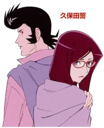 Rule 34 | 10s, 1boy, 1girl, alternate hairstyle, back-to-back, dandy (space dandy), glasses, official art, pompadour, red hair, scarlet (space dandy), space dandy
