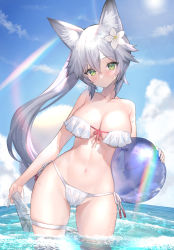 Rule 34 | 1girl, alternate costume, animal ear fluff, animal ears, ball, beachball, bikini, blue sky, blush, breasts, cleavage, closed mouth, cloud, collarbone, contrapposto, day, flower, green eyes, grey hair, hair flower, hair ornament, head tilt, highres, hitowa, holding, large breasts, lens flare, long hair, looking at viewer, navel, ocean, original, ponytail, sarong, unworn sarong, skindentation, sky, solo, stomach, strapless, strapless bikini, sunlight, swimsuit, thigh strap, water, white bikini, white flower