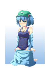 Rule 34 | 1girl, :p, aoinu, bare shoulders, bdsm, blue hair, blush, bondage, bound, bow, clothes pull, crotch rope, female focus, green eyes, hair bow, hat, highres, kawashiro nitori, key, naughty face, one-piece swimsuit, open clothes, open shirt, rope, school swimsuit, shibari, shibari over clothes, shibari under clothes, shirt, short hair, skirt, skirt pull, solo, swimsuit, swimsuit under clothes, tongue, tongue out, touhou, twintails, two side up, undressing