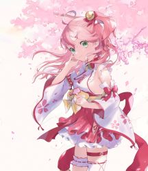 Rule 34 | 1girl, ahoge, bare shoulders, bell, bow, breasts, bridal garter, cherry blossoms, closed mouth, cowboy shot, detached sleeves, floating hair, flower, green eyes, hair bell, hair bow, hair ornament, hand up, highres, hololive, jingle bell, long hair, long sleeves, looking at viewer, machico maki, medium breasts, nail polish, one side up, pink flower, pink hair, pink nails, red bow, red skirt, sakura miko, sakura miko (1st costume), shirt, sideboob, skirt, sleeveless, sleeveless shirt, solo, standing, thigh strap, virtual youtuber, white shirt, x hair ornament