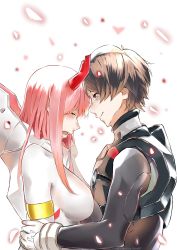 Rule 34 | 10s, 1boy, 1girl, asymmetrical horns, black bodysuit, black hair, bodysuit, breasts, closed eyes, commentary, couple, crying, darling in the franxx, forehead-to-forehead, genm7, gloves, heads together, hetero, highres, hiro (darling in the franxx), horns, large breasts, long hair, looking at another, oni horns, pilot suit, pink hair, red horns, short hair, single horn, white bodysuit, white gloves, zero two (darling in the franxx)