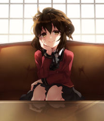 Rule 34 | 1girl, ascot, backlighting, brown hair, couch, hand on own face, isolda gaillard, missing stars, reflection, school uniform, skirt, smile, table, window, yune (artist)