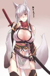 Rule 34 | 1girl, animal ear fluff, animal ears, bare shoulders, beige background, belt, black sash, black thighhighs, blush, breasts, brown eyes, cleavage, closed mouth, commentary request, detached sleeves, fox ears, fox girl, fox tail, hair over one eye, japanese clothes, katana, large breasts, looking at viewer, medium hair, original, red scarf, sash, sawaya (mizukazu), scarf, sheath, sheathed, shuriken, silver hair, simple background, smile, solo, standing, sword, tail, thighhighs, translation request, weapon, weapon on back, wide sleeves
