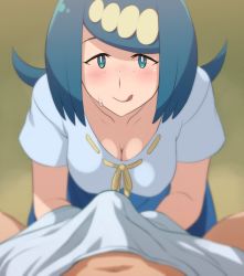 Rule 34 | 1boy, 1girl, animated, animated gif, blue eyes, blue hair, blush, breasts, cleavage, creatures (company), ero kaeru, freckles, game freak, implied handjob, lana&#039;s mother (pokemon), large breasts, long hair, looking at viewer, medium breasts, mature female, nintendo, pokemon, pokemon (anime), pokemon sm (anime), pov, smile, sweat, tongue, tongue out