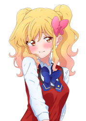 Rule 34 | 1girl, aikatsu! (series), aikatsu stars!, arm at side, blonde hair, blue bow, blue bowtie, blush, bow, bowtie, breasts, closed mouth, curly hair, furrowed brow, gradient hair, hair bow, highres, jacket, kumahubuki, long sleeves, looking at viewer, medium hair, multicolored hair, nijino yume, orange eyes, orange hair, pink bow, red jacket, sidelocks, simple background, sleeveless, sleeveless jacket, small breasts, solo, sweat, twintails, upper body, wavy hair, white background, white sleeves