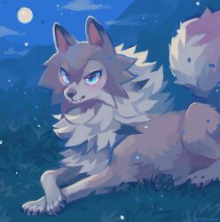 Rule 34 | animal focus, artist name, blue eyes, chest tuft, cloud, commentary request, creatures (company), crossed arms, dated, fangs, full body, game freak, gen 7 pokemon, grass, hatomura miri, highres, light blush, light particles, looking at viewer, lycanroc, lycanroc (midday), lying, moon, night, night sky, nintendo, no humans, on stomach, outdoors, pokemon, pokemon (creature), sky, wolf