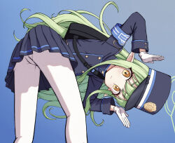 Rule 34 | 1girl, armband, bent over, blue archive, blue armband, blue background, blush, commentary request, gloves, green hair, halo, hat, hikari (blue archive), highres, jacket, long hair, looking at viewer, paid reward available, pantyhose, peaked cap, poikuru, pointy ears, sidelocks, simple background, skirt, solo, train conductor, white gloves, white pantyhose, yellow eyes