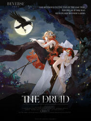 Rule 34 | 1girl, bird, black cat, brown dress, cat, copyright name, crescent, crescent hair ornament, crow, dress, druvis iii, english text, fireflies, flower, full moon, hair flower, hair ornament, highres, in tree, long hair, moon, night, night sky, official alternate costume, official art, orange hair, reverse:1999, sitting, sitting in tree, sky, solo, tree