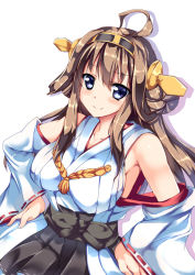 Rule 34 | 10s, 1girl, ahoge, breasts, brown hair, detached sleeves, hairband, japanese clothes, kantai collection, kongou (kancolle), long hair, personification, ribbon-trimmed sleeves, ribbon trim, ryokushiki (midori-ya), smile, solo, white background
