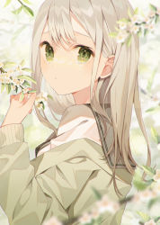 Rule 34 | 1girl, absurdres, blurry, blurry background, branch, brown jacket, closed mouth, commentary request, crying, crying with eyes open, depth of field, flower, green eyes, grey hair, grey sailor collar, hair between eyes, hand up, highres, jacket, long hair, long sleeves, looking at viewer, looking to the side, minasenagi, off shoulder, original, sailor collar, school uniform, serafuku, shirt, sleeves past wrists, solo, tears, upper body, white flower, white shirt
