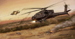 Rule 34 | 2others, ah-64 apache, aircraft, attack helicopter, autocannon, battlefield, broken, burning, cannon, chain gun, commentary request, dated commentary, firing, flying, gun, helicopter, highres, looking to the side, m230 chain gun, machine gun, military, military vehicle, missile, motor vehicle, multiple others, orange sky, outdoors, pilot, pilot helmet, pilot suit, pvtskwerl, real life, realistic, rocket launcher, rocket pod, signature, sky, smoke, tank, united states army, vehicle focus, weapon, wheel