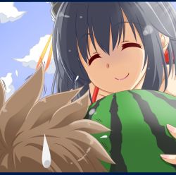 Rule 34 | 10s, 1boy, 1girl, ^ ^, ad, admiral (kancolle), black hair, blue sky, brown hair, c:, carrying, closed eyes, cloud, cloudy sky, commentary request, day, closed eyes, false smile, food, fruit, hair ornament, kantai collection, kuon (nokokopopo), long hair, sky, smile, suikawari, sweatdrop, watermelon, yamashiro (kancolle)